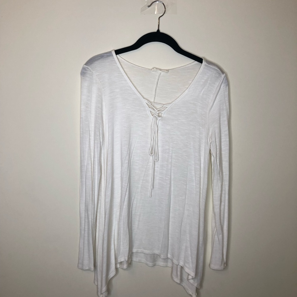 White Long Sleeve Lace Up Top